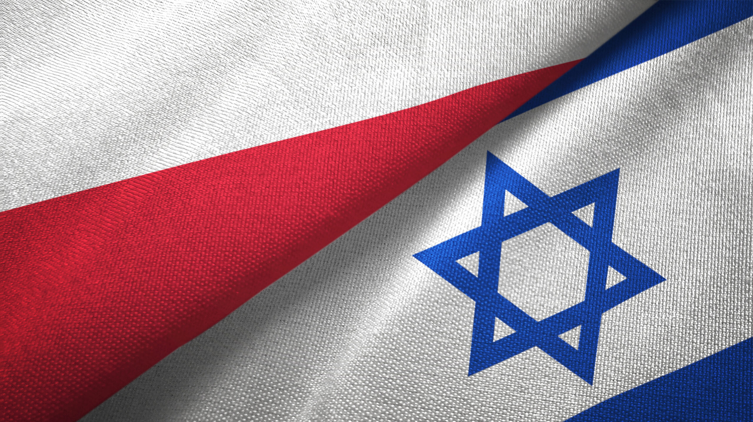 Poland and Israel two flags textile cloth, fabric texture Poland and Israel flags together textile cloth, fabric texture