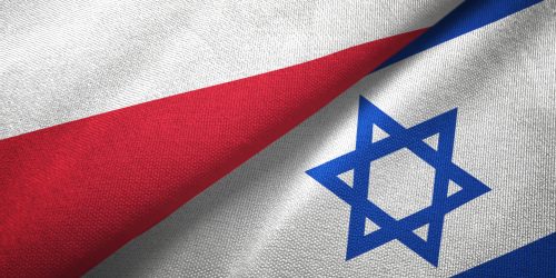 Poland and Israel flags together textile cloth, fabric texture
